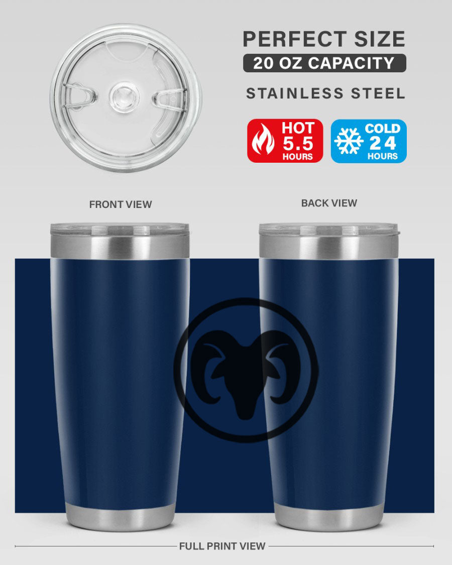 Aries 131# Zodiac Tumbler in stainless steel with a vibrant design, showcasing its double wall vacuum insulation and drink-thru lid.