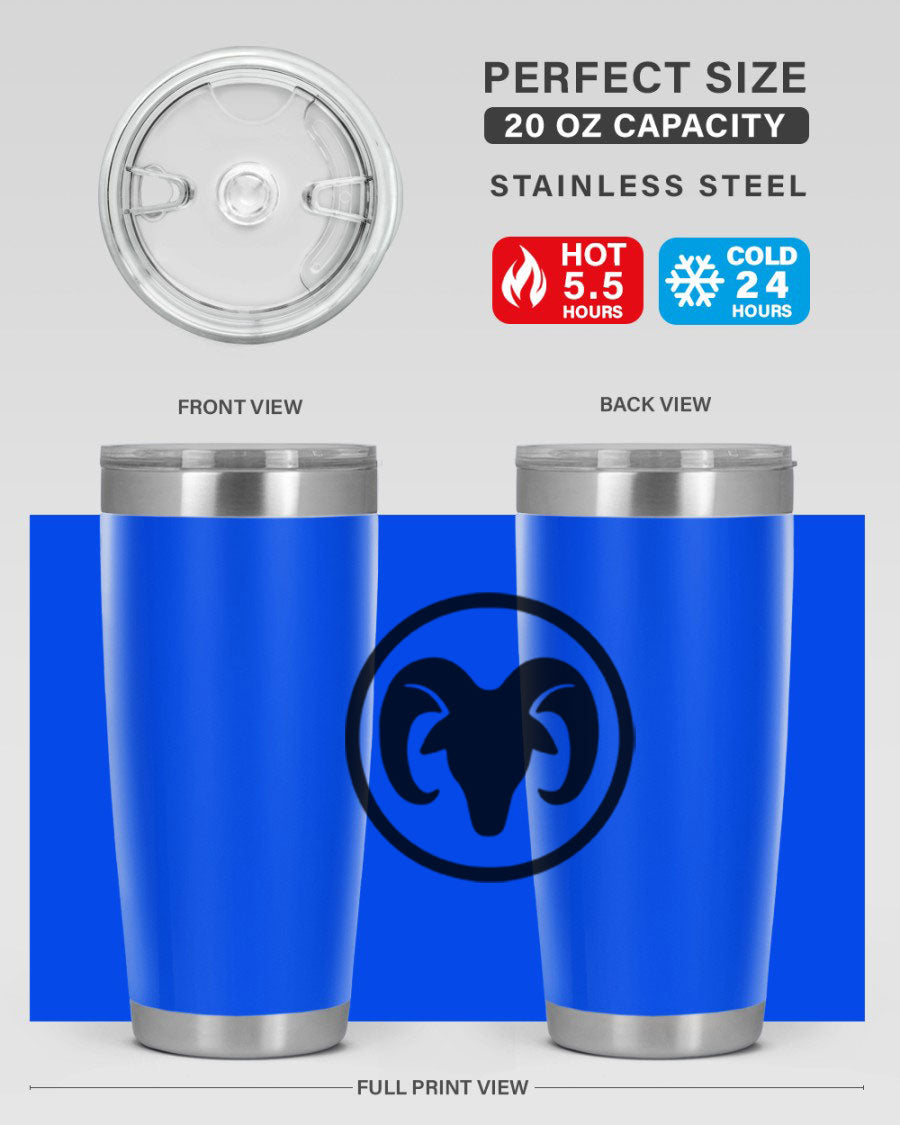 Aries 131# Zodiac Tumbler in stainless steel with a vibrant design, showcasing its double wall vacuum insulation and drink-thru lid.