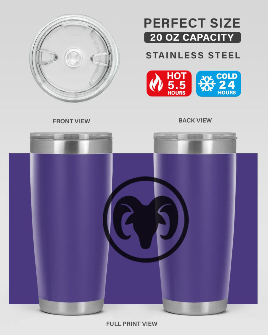 Aries 131# Zodiac Tumbler in stainless steel with a vibrant design, showcasing its double wall vacuum insulation and drink-thru lid.