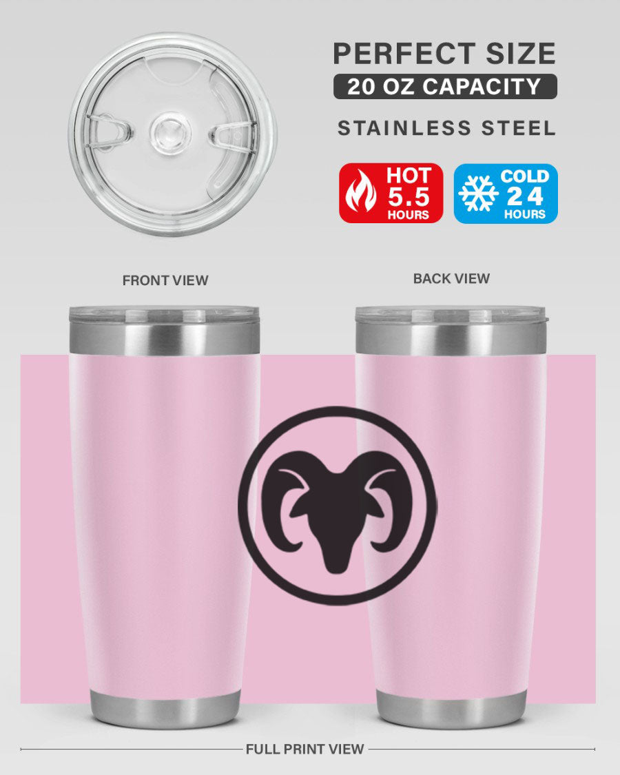 Aries 131# Zodiac Tumbler in stainless steel with a vibrant design, showcasing its double wall vacuum insulation and drink-thru lid.