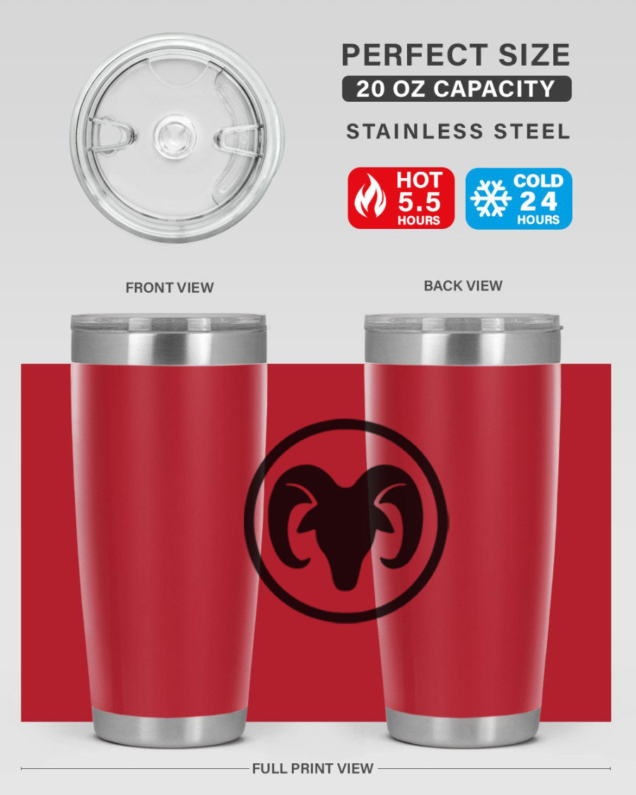 Aries 131# Zodiac Tumbler in stainless steel with a vibrant design, showcasing its double wall vacuum insulation and drink-thru lid.