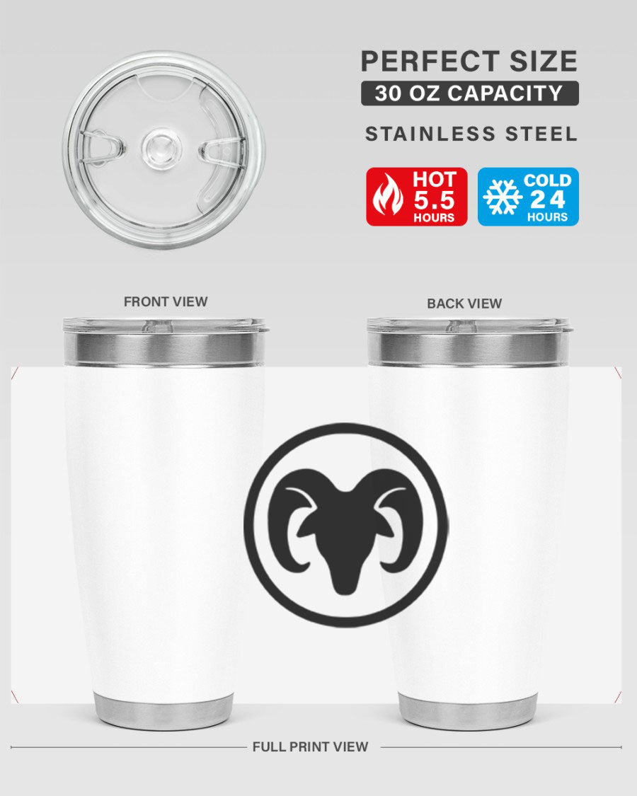 Aries 131# Zodiac Tumbler in stainless steel with a vibrant design, showcasing its double wall vacuum insulation and drink-thru lid.