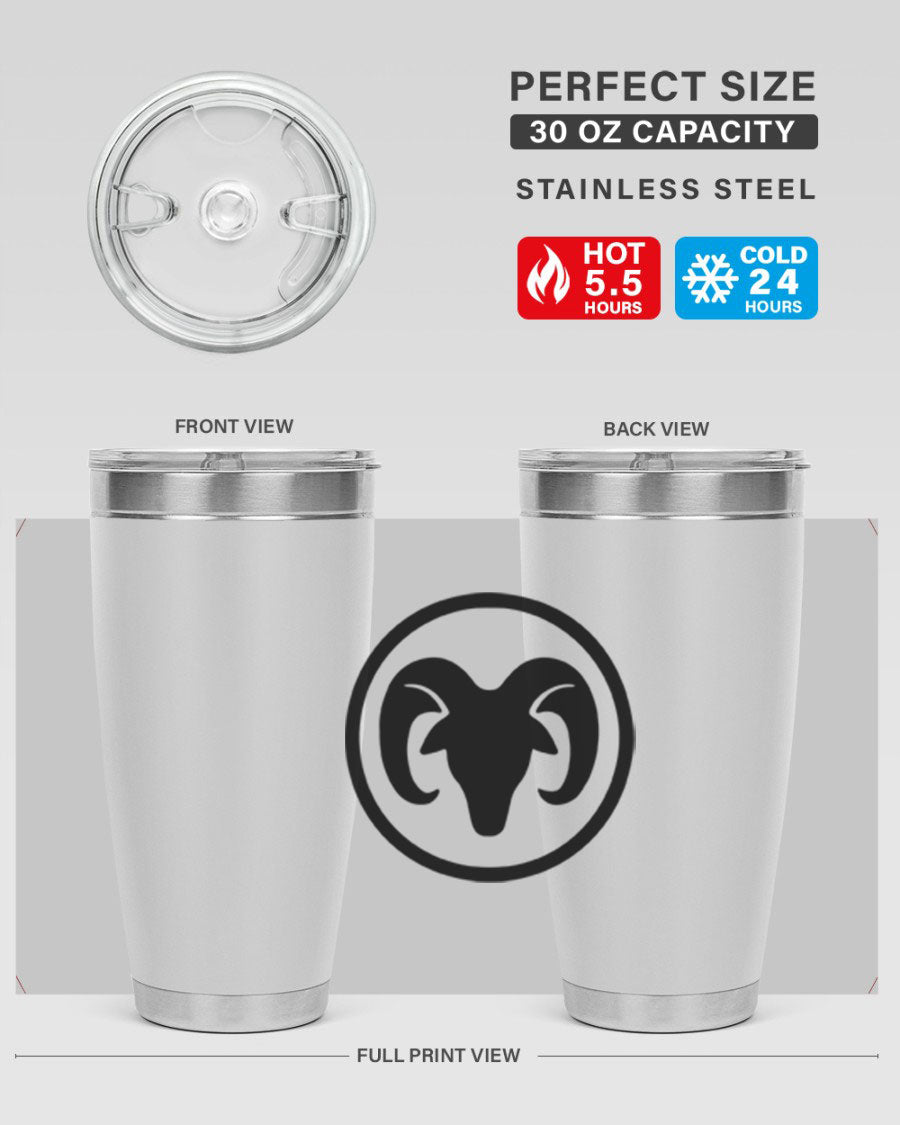 Aries 131# Zodiac Tumbler in stainless steel with a vibrant design, showcasing its double wall vacuum insulation and drink-thru lid.