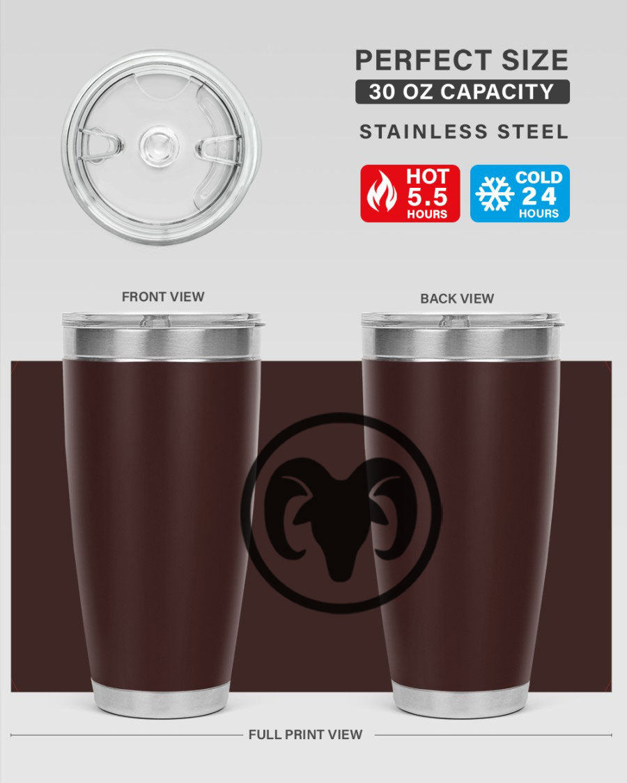 Aries 131# Zodiac Tumbler in stainless steel with a vibrant design, showcasing its double wall vacuum insulation and drink-thru lid.