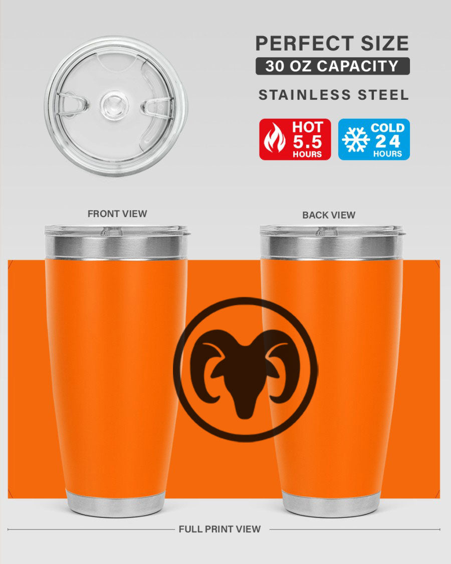Aries 131# Zodiac Tumbler in stainless steel with a vibrant design, showcasing its double wall vacuum insulation and drink-thru lid.