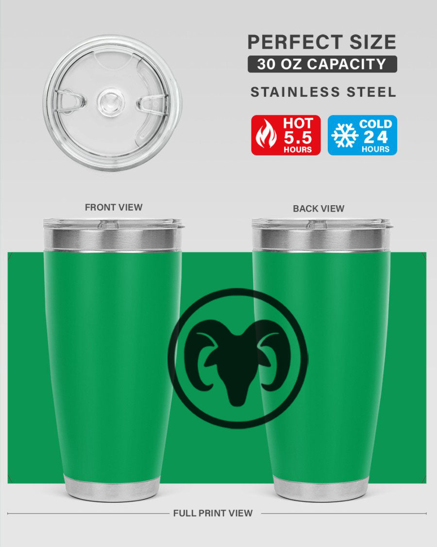 Aries 131# Zodiac Tumbler in stainless steel with a vibrant design, showcasing its double wall vacuum insulation and drink-thru lid.