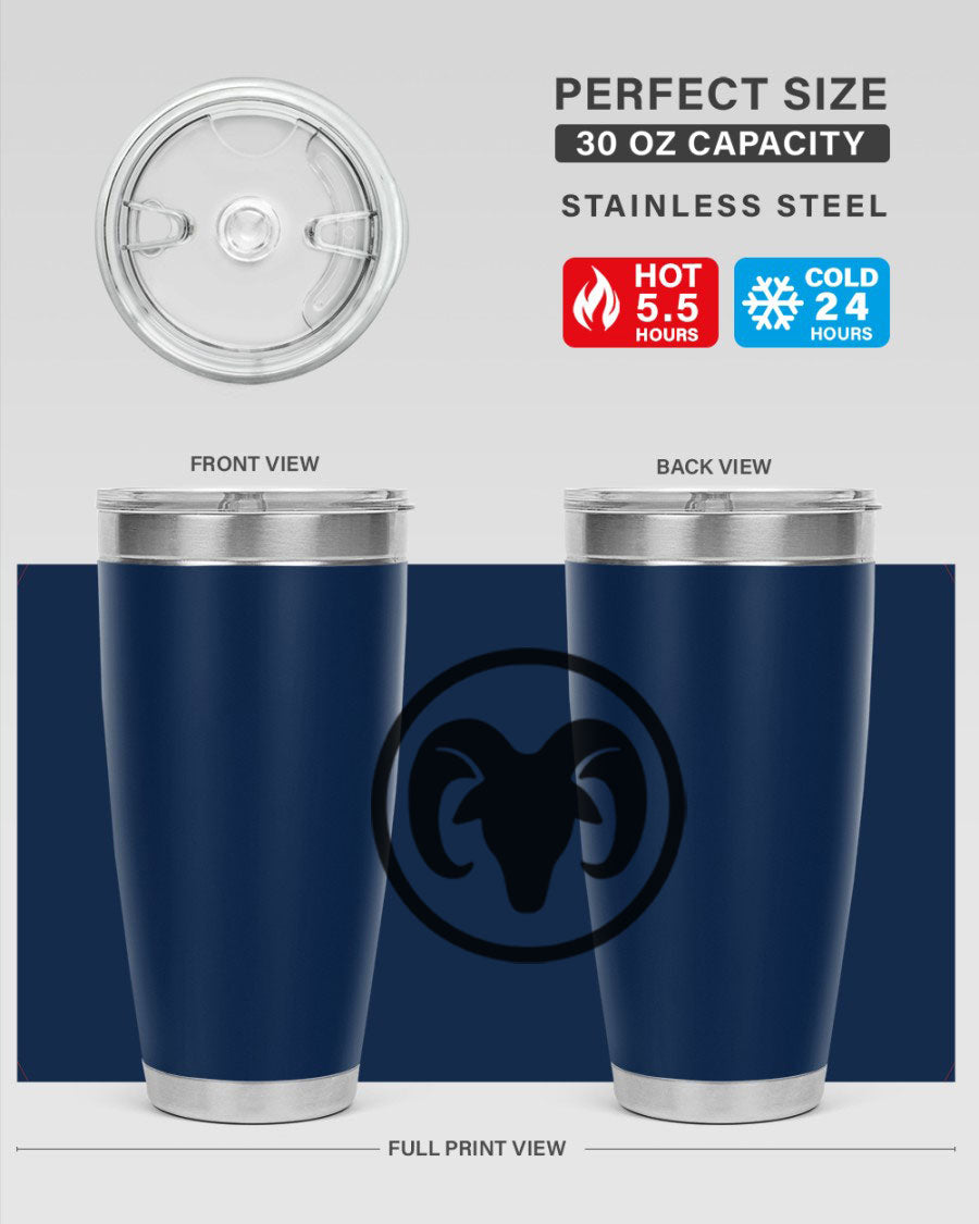 Aries 131# Zodiac Tumbler in stainless steel with a vibrant design, showcasing its double wall vacuum insulation and drink-thru lid.