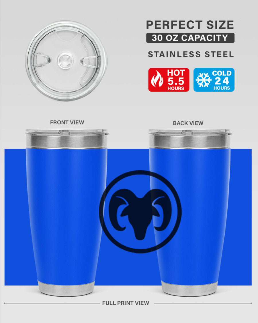 Aries 131# Zodiac Tumbler in stainless steel with a vibrant design, showcasing its double wall vacuum insulation and drink-thru lid.
