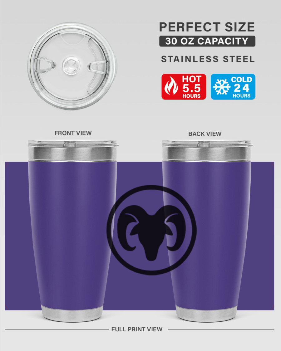 Aries 131# Zodiac Tumbler in stainless steel with a vibrant design, showcasing its double wall vacuum insulation and drink-thru lid.