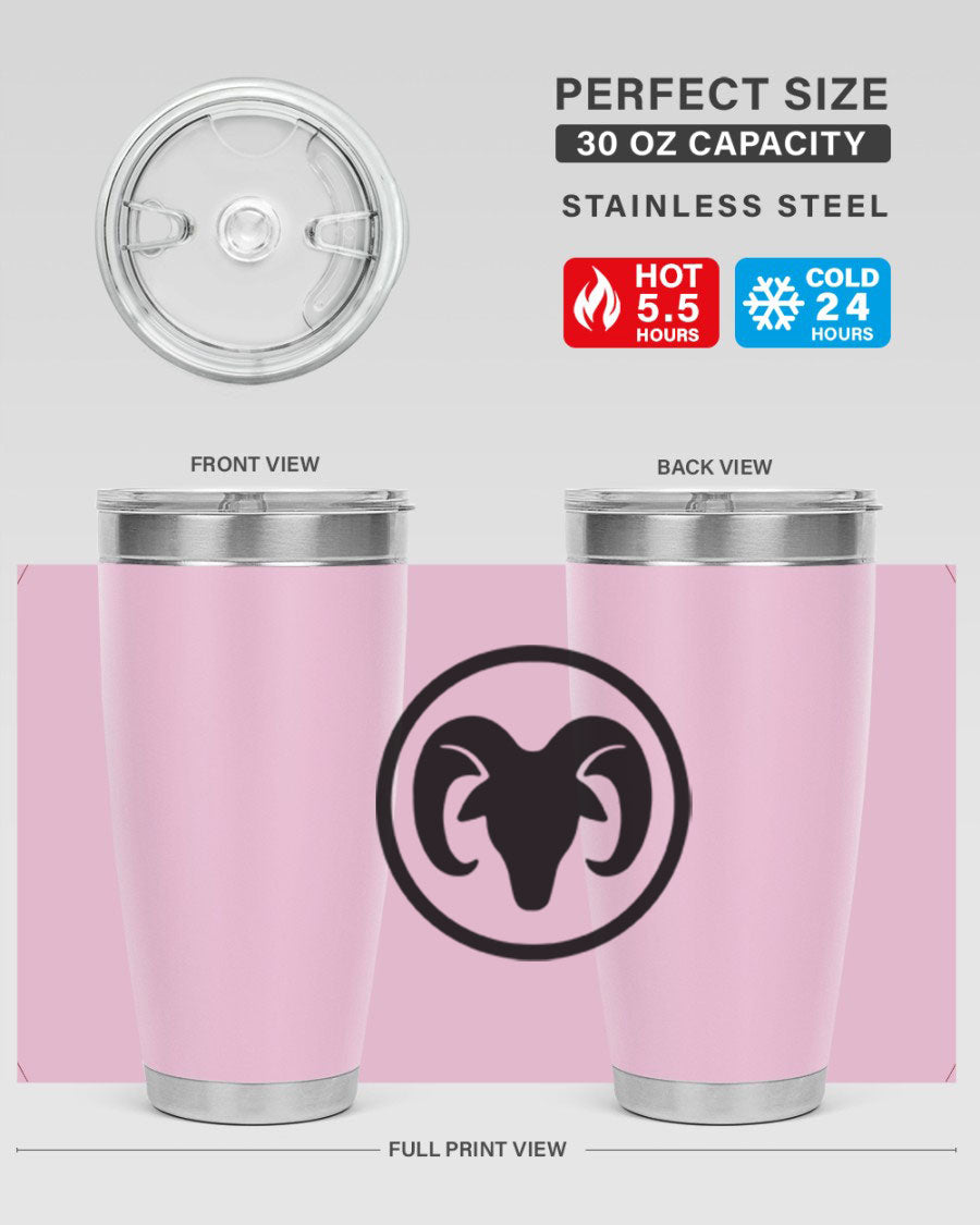 Aries 131# Zodiac Tumbler in stainless steel with a vibrant design, showcasing its double wall vacuum insulation and drink-thru lid.