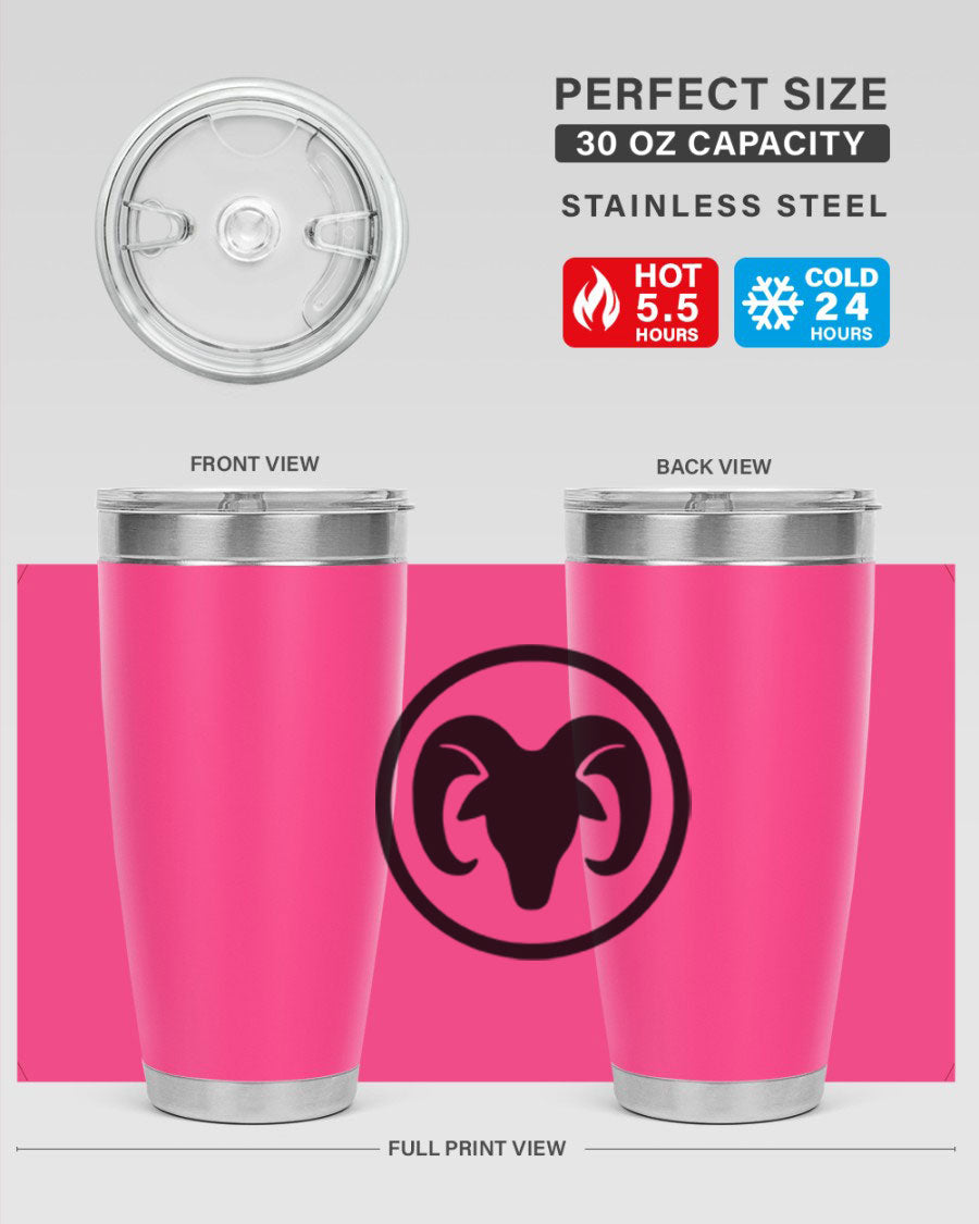 Aries 131# Zodiac Tumbler in stainless steel with a vibrant design, showcasing its double wall vacuum insulation and drink-thru lid.