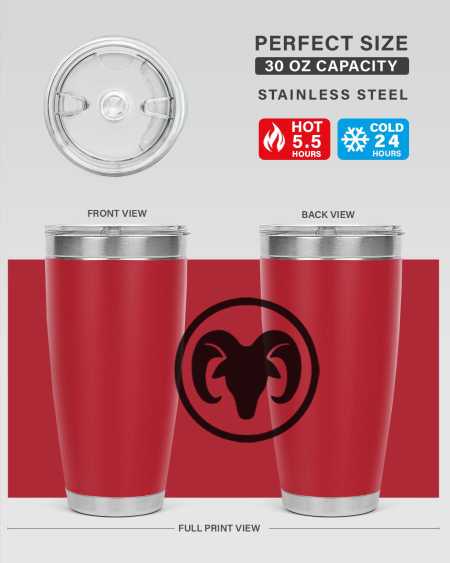 Aries 131# Zodiac Tumbler in stainless steel with a vibrant design, showcasing its double wall vacuum insulation and drink-thru lid.
