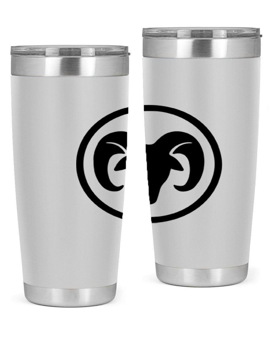 Aries 131# Zodiac Tumbler in stainless steel with a vibrant design, showcasing its double wall vacuum insulation and drink-thru lid.