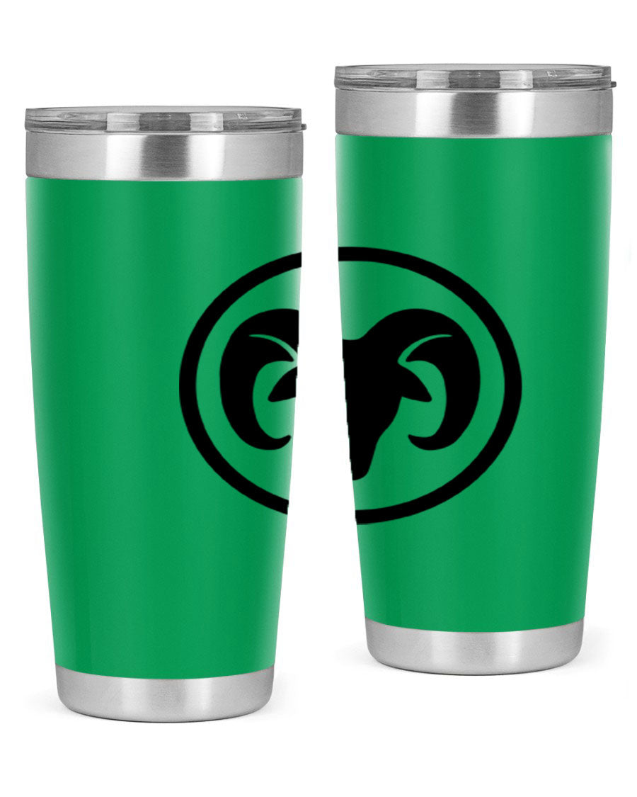 Aries 131# Zodiac Tumbler in stainless steel with a vibrant design, showcasing its double wall vacuum insulation and drink-thru lid.