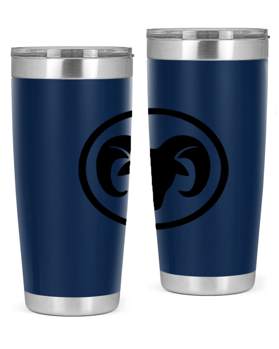 Aries 131# Zodiac Tumbler in stainless steel with a vibrant design, showcasing its double wall vacuum insulation and drink-thru lid.
