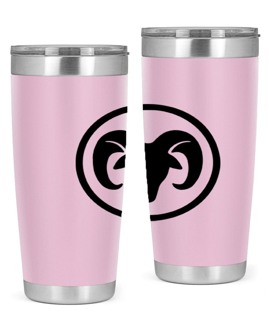 Aries 131# Zodiac Tumbler in stainless steel with a vibrant design, showcasing its double wall vacuum insulation and drink-thru lid.