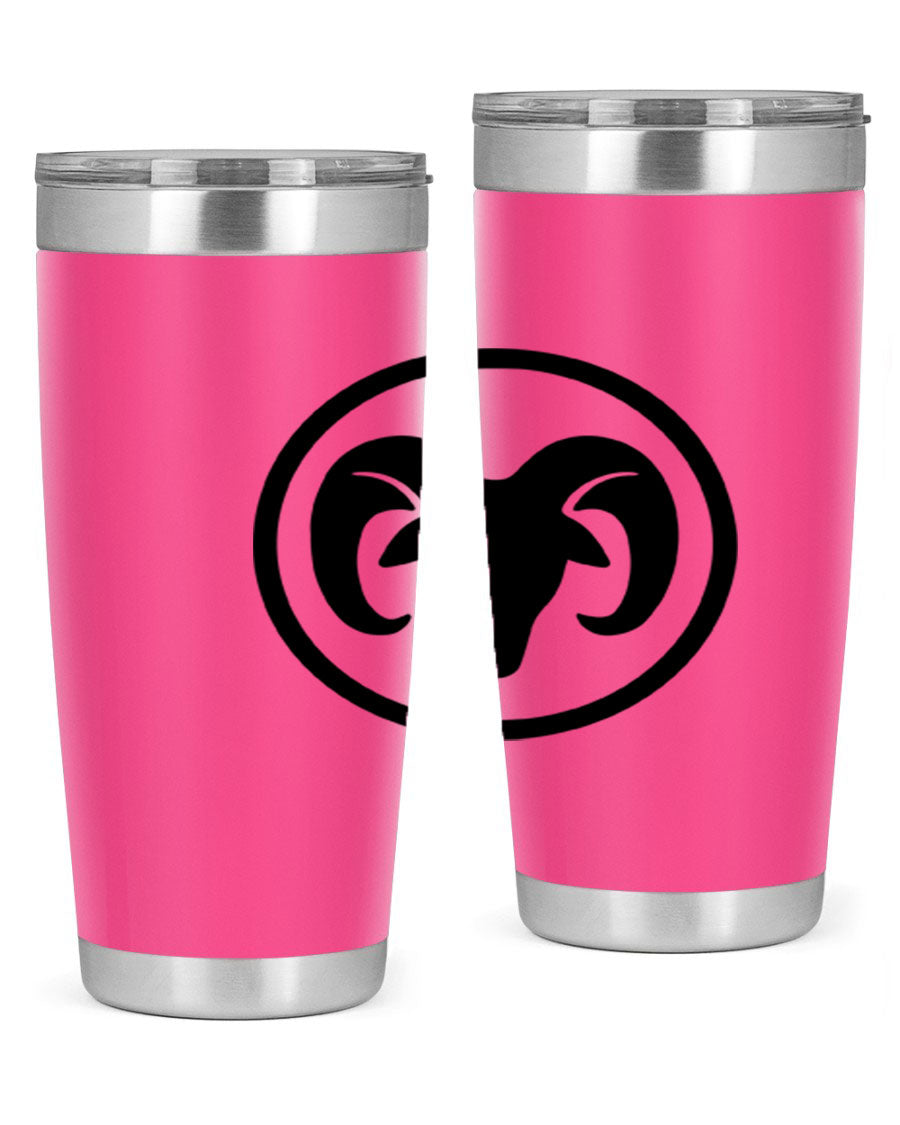 Aries 131# Zodiac Tumbler in stainless steel with a vibrant design, showcasing its double wall vacuum insulation and drink-thru lid.