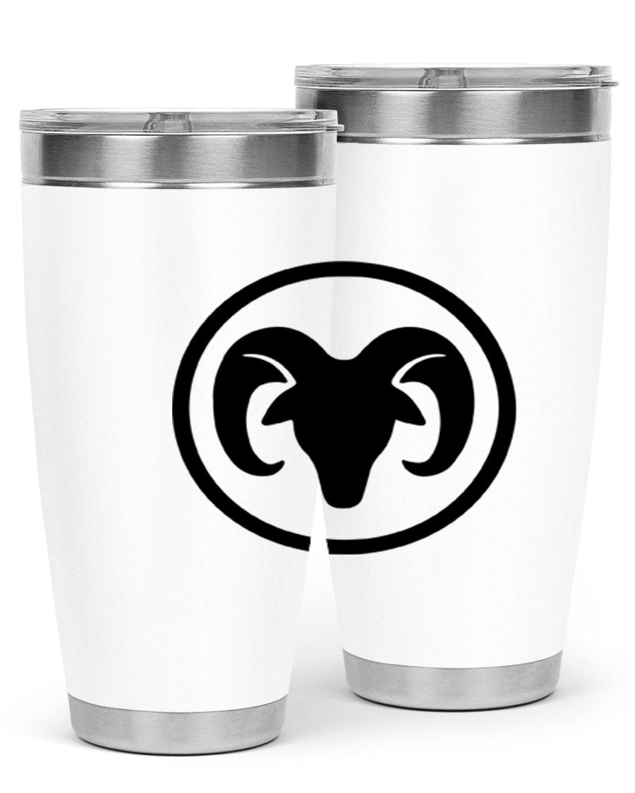 Aries 131# Zodiac Tumbler in stainless steel with a vibrant design, showcasing its double wall vacuum insulation and drink-thru lid.