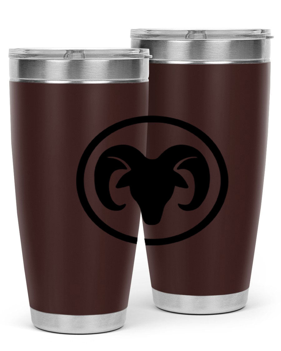 Aries 131# Zodiac Tumbler in stainless steel with a vibrant design, showcasing its double wall vacuum insulation and drink-thru lid.