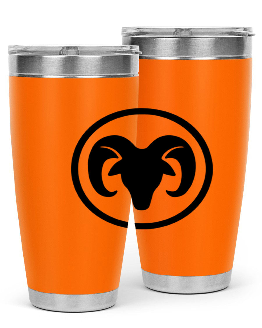 Aries 131# Zodiac Tumbler in stainless steel with a vibrant design, showcasing its double wall vacuum insulation and drink-thru lid.