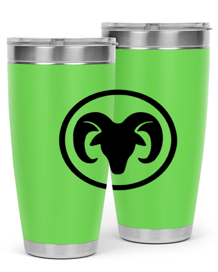 Aries 131# Zodiac Tumbler in stainless steel with a vibrant design, showcasing its double wall vacuum insulation and drink-thru lid.