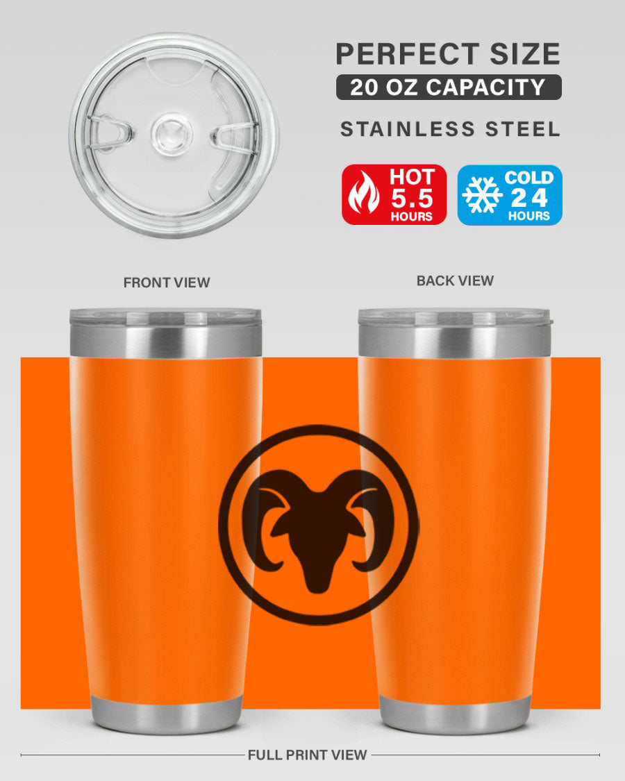 Aries 131# Zodiac Tumbler in stainless steel with a vibrant design, showcasing its double wall vacuum insulation and drink-thru lid.