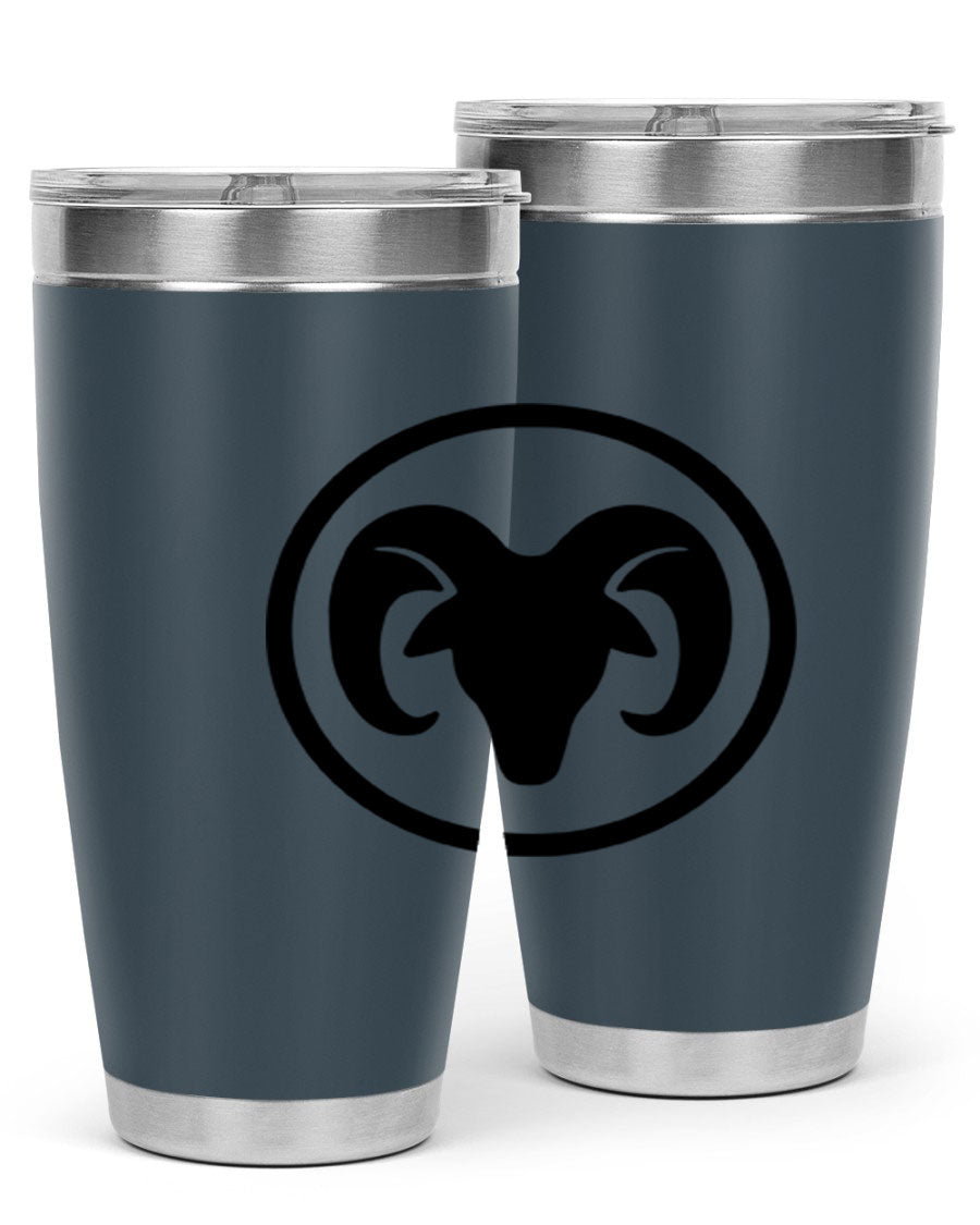 Aries 131# Zodiac Tumbler in stainless steel with a vibrant design, showcasing its double wall vacuum insulation and drink-thru lid.