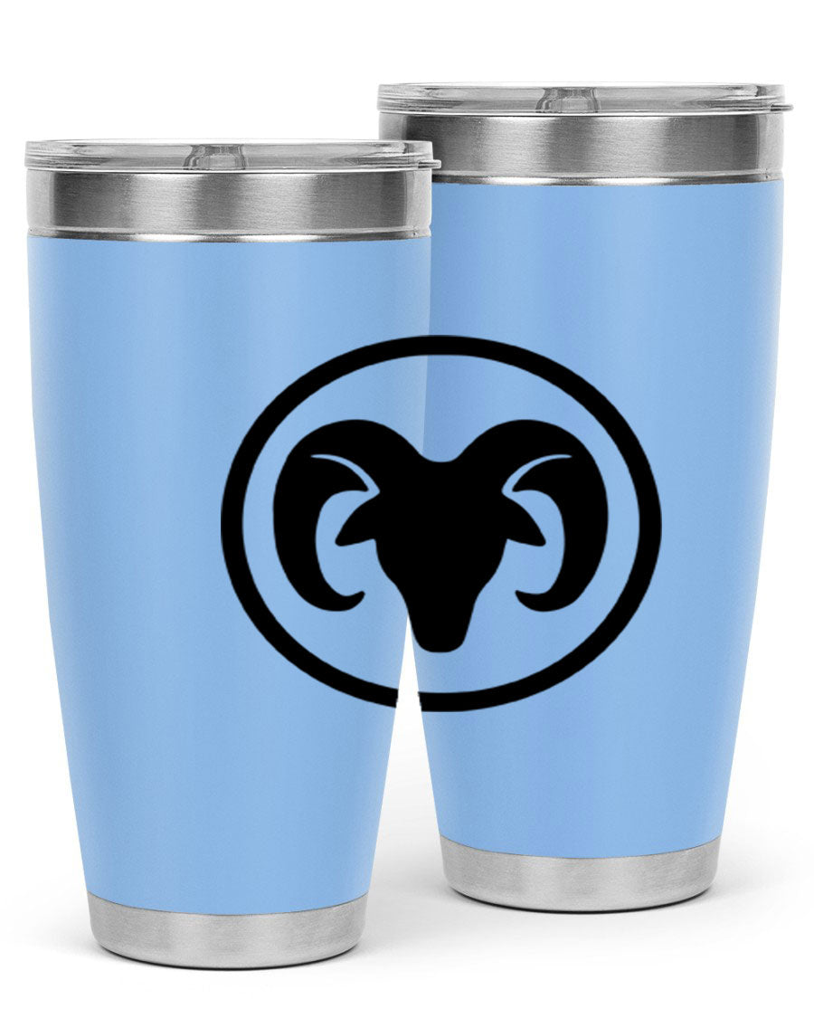 Aries 131# Zodiac Tumbler in stainless steel with a vibrant design, showcasing its double wall vacuum insulation and drink-thru lid.