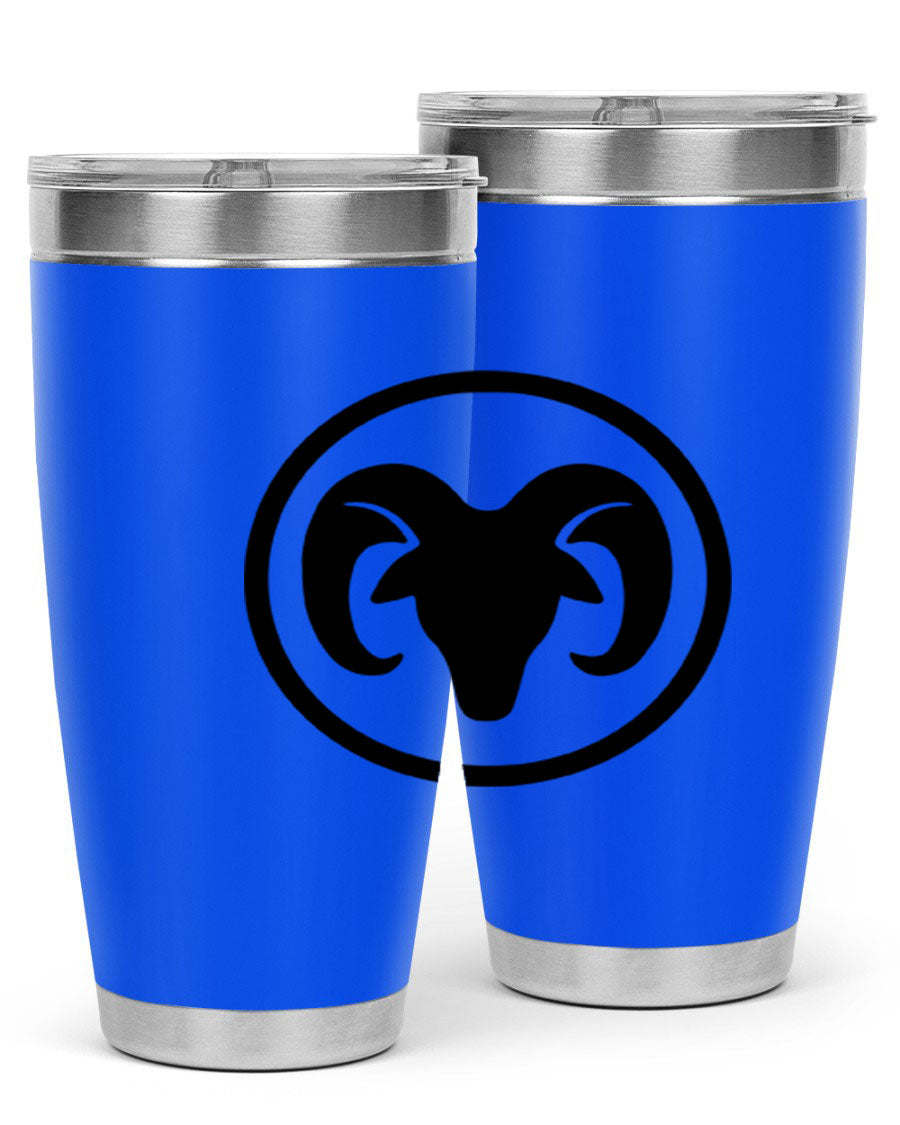 Aries 131# Zodiac Tumbler in stainless steel with a vibrant design, showcasing its double wall vacuum insulation and drink-thru lid.