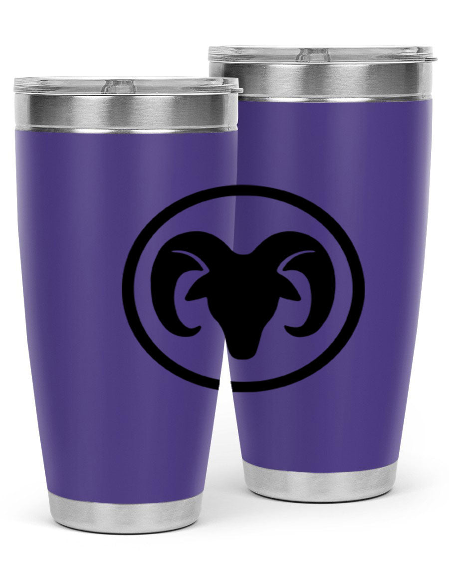 Aries 131# Zodiac Tumbler in stainless steel with a vibrant design, showcasing its double wall vacuum insulation and drink-thru lid.