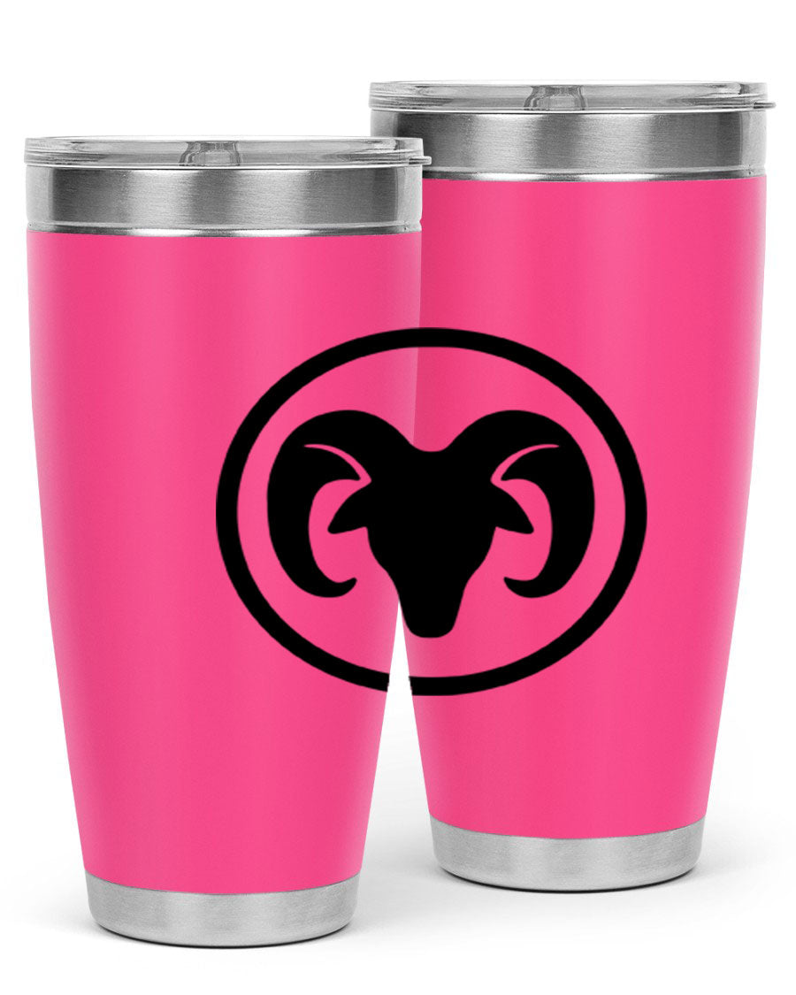 Aries 131# Zodiac Tumbler in stainless steel with a vibrant design, showcasing its double wall vacuum insulation and drink-thru lid.