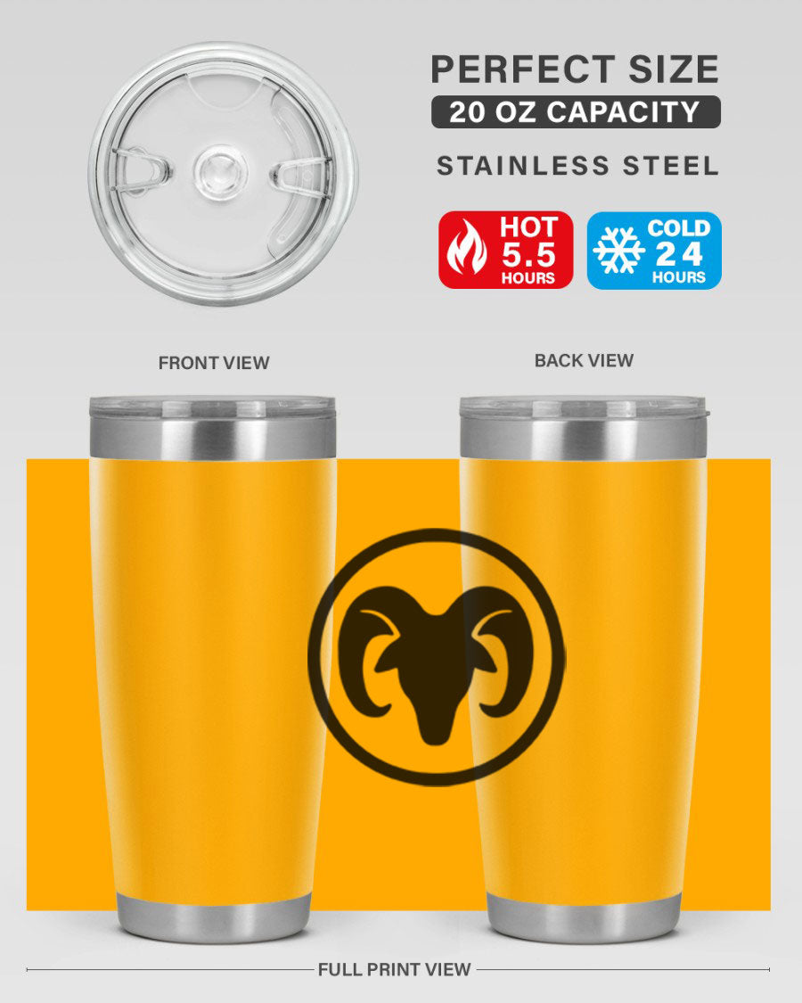Aries 131# Zodiac Tumbler in stainless steel with a vibrant design, showcasing its double wall vacuum insulation and drink-thru lid.