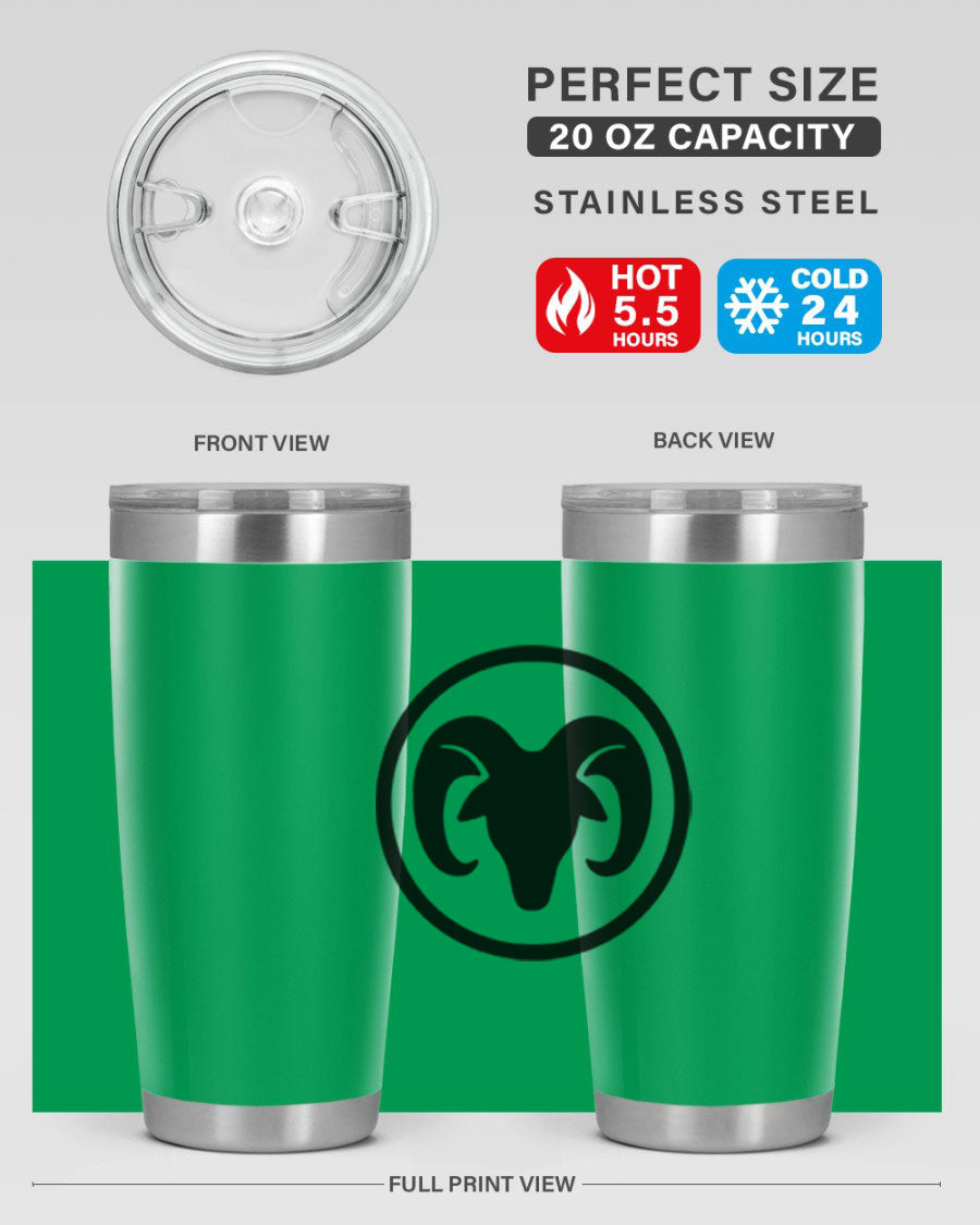 Aries 131# Zodiac Tumbler in stainless steel with a vibrant design, showcasing its double wall vacuum insulation and drink-thru lid.