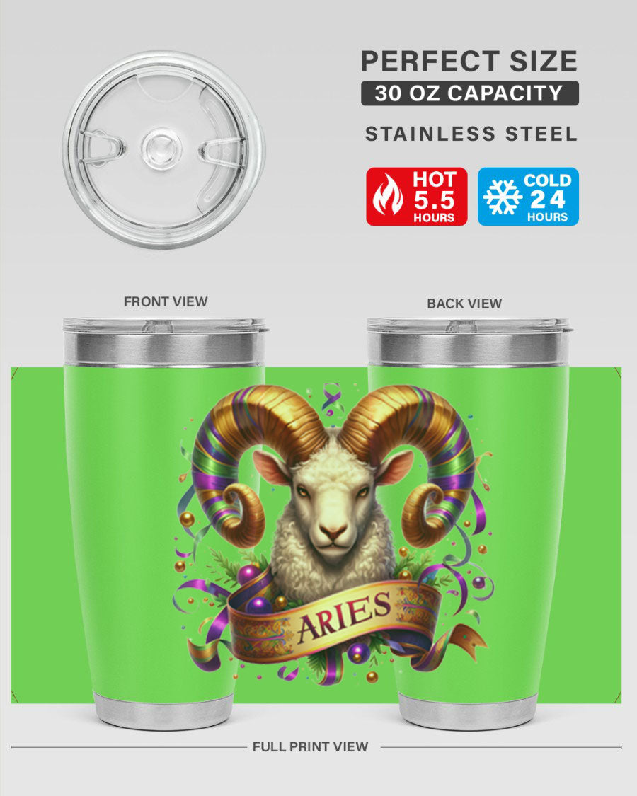 Aries 136# Zodiac Tumbler in stainless steel with a stylish design, perfect for hot and cold beverages.