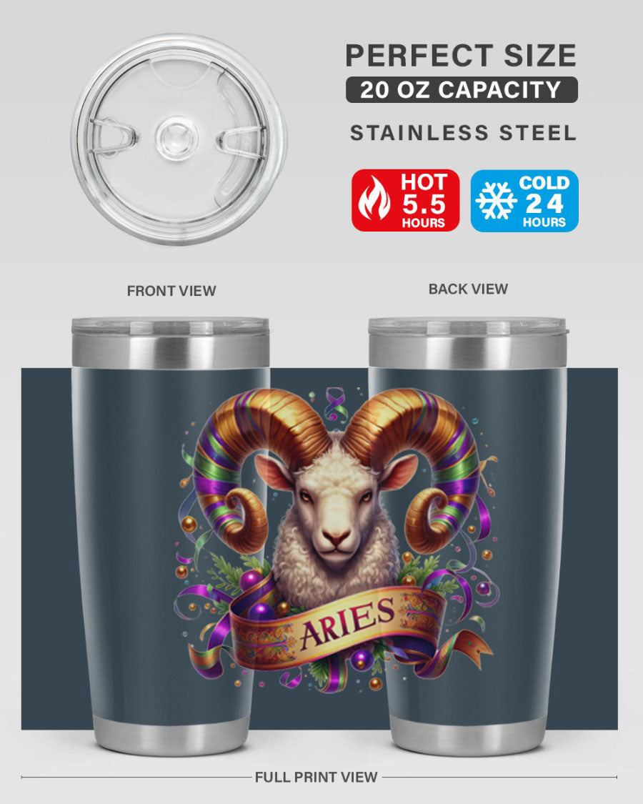 Aries 136# Zodiac Tumbler in stainless steel with a stylish design, perfect for hot and cold beverages.