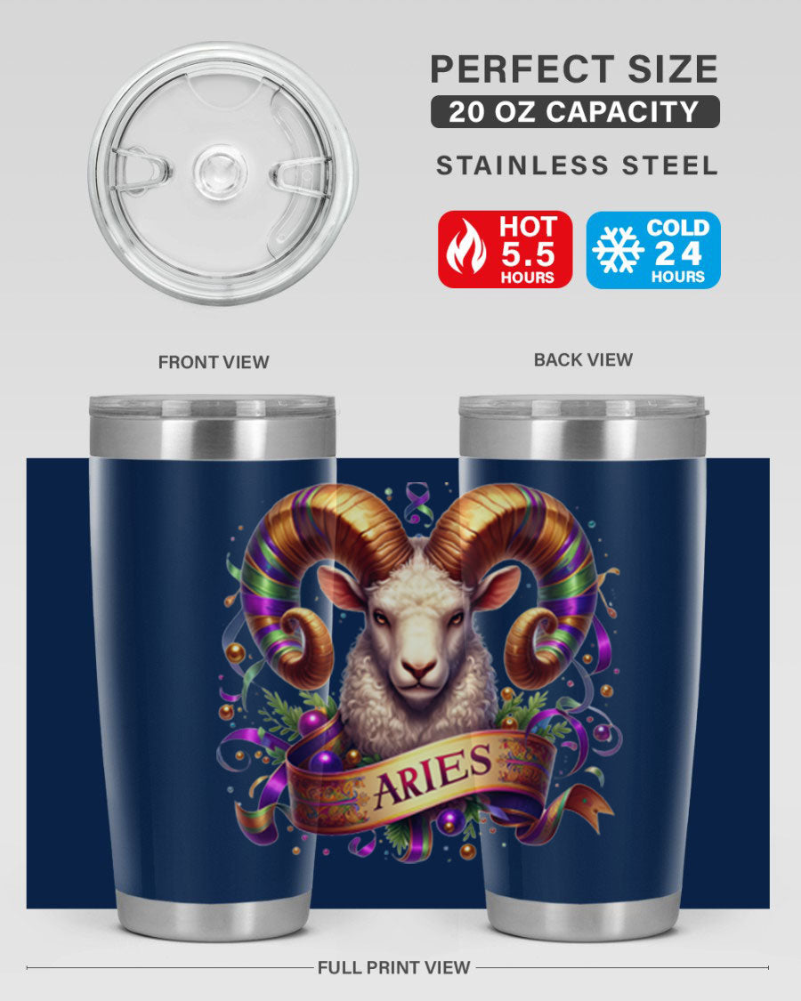 Aries 136# Zodiac Tumbler in stainless steel with a stylish design, perfect for hot and cold beverages.