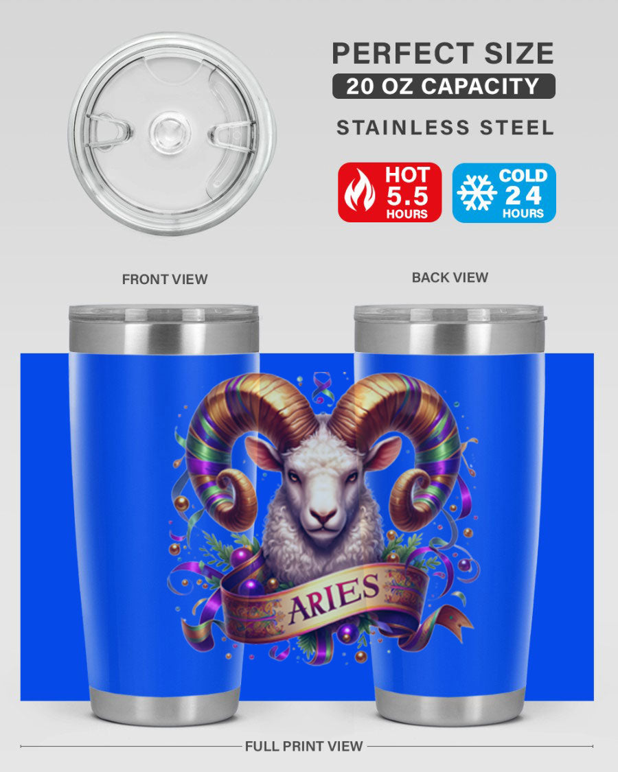 Aries 136# Zodiac Tumbler in stainless steel with a stylish design, perfect for hot and cold beverages.