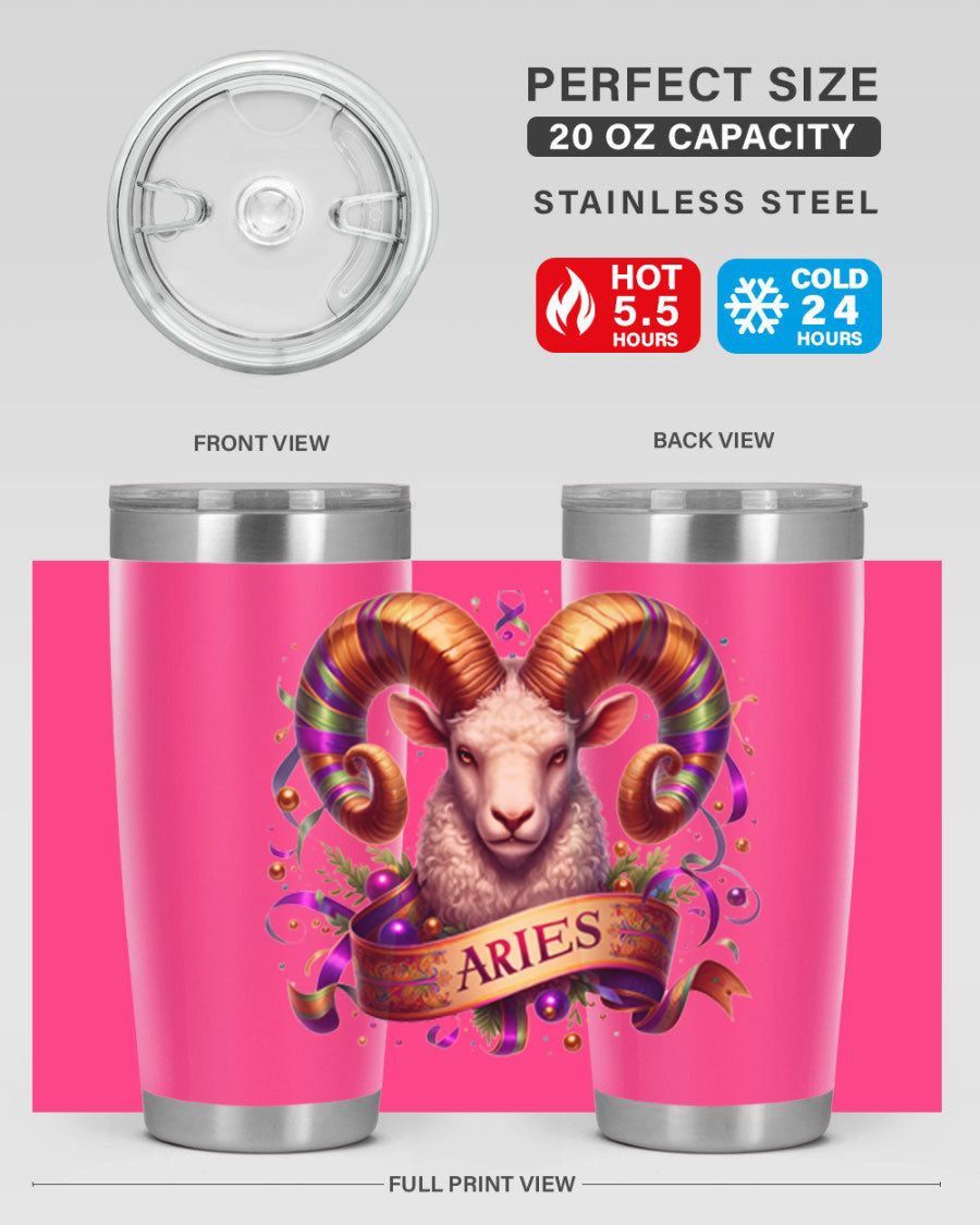 Aries 136# Zodiac Tumbler in stainless steel with a stylish design, perfect for hot and cold beverages.