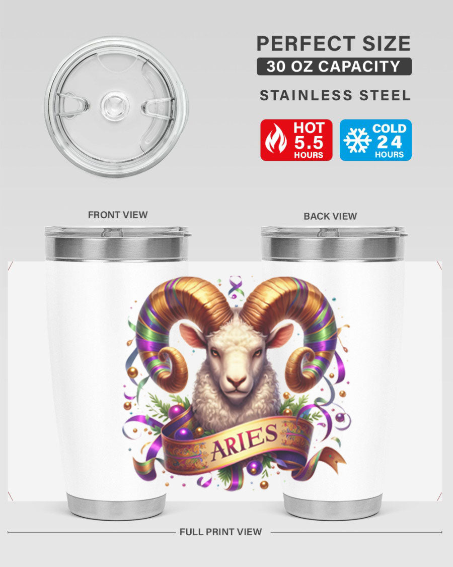 Aries 136# Zodiac Tumbler in stainless steel with a stylish design, perfect for hot and cold beverages.