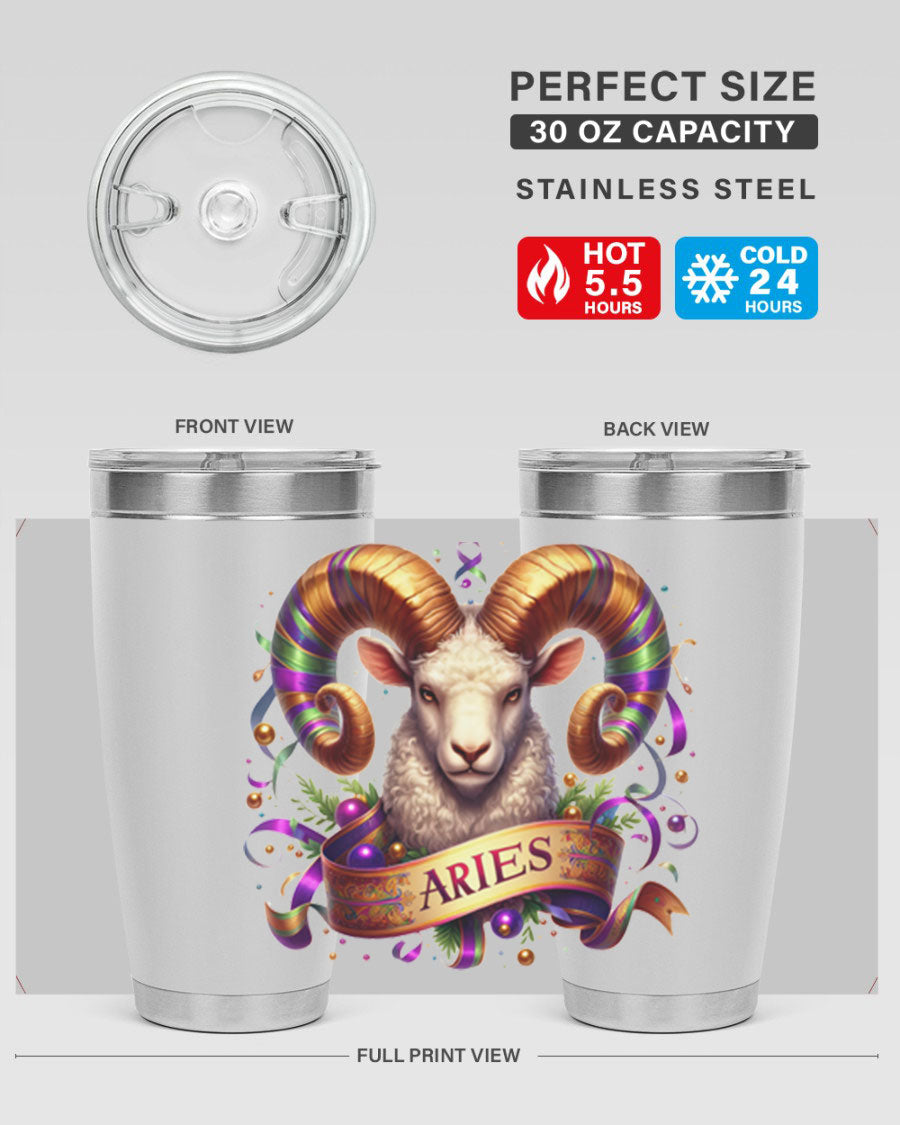 Aries 136# Zodiac Tumbler in stainless steel with a stylish design, perfect for hot and cold beverages.