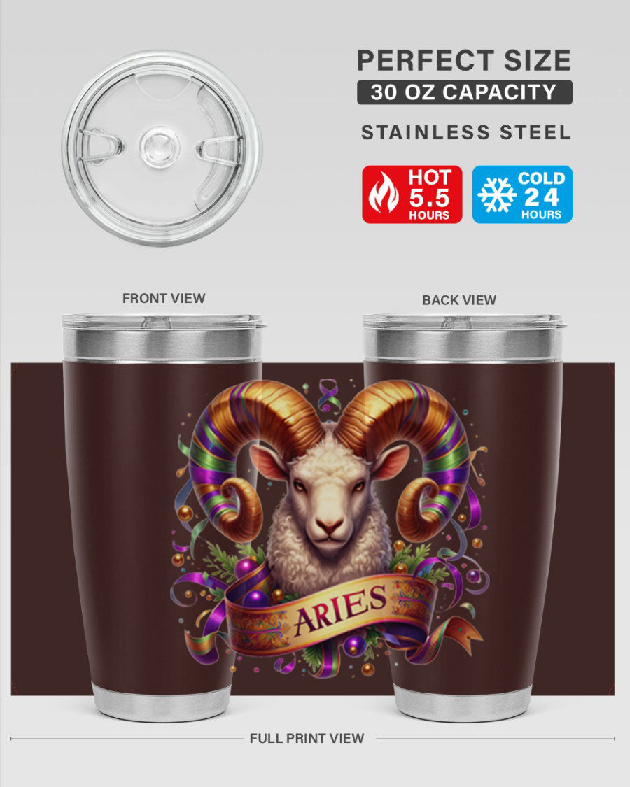 Aries 136# Zodiac Tumbler in stainless steel with a stylish design, perfect for hot and cold beverages.