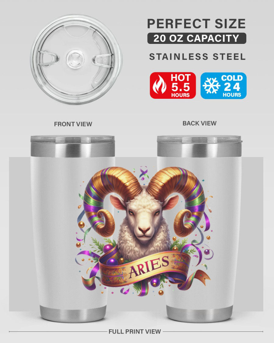 Aries 136# Zodiac Tumbler in stainless steel with a stylish design, perfect for hot and cold beverages.
