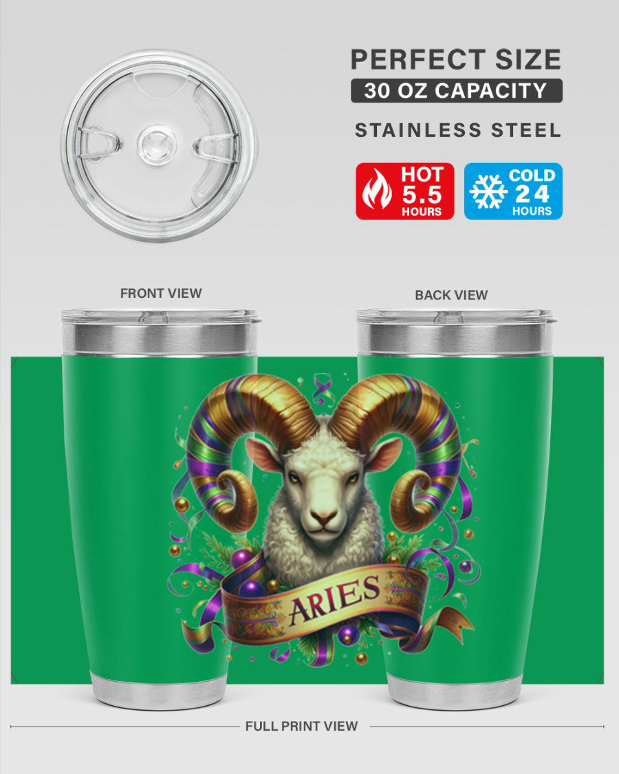 Aries 136# Zodiac Tumbler in stainless steel with a stylish design, perfect for hot and cold beverages.