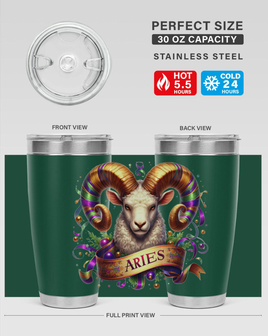 Aries 136# Zodiac Tumbler in stainless steel with a stylish design, perfect for hot and cold beverages.