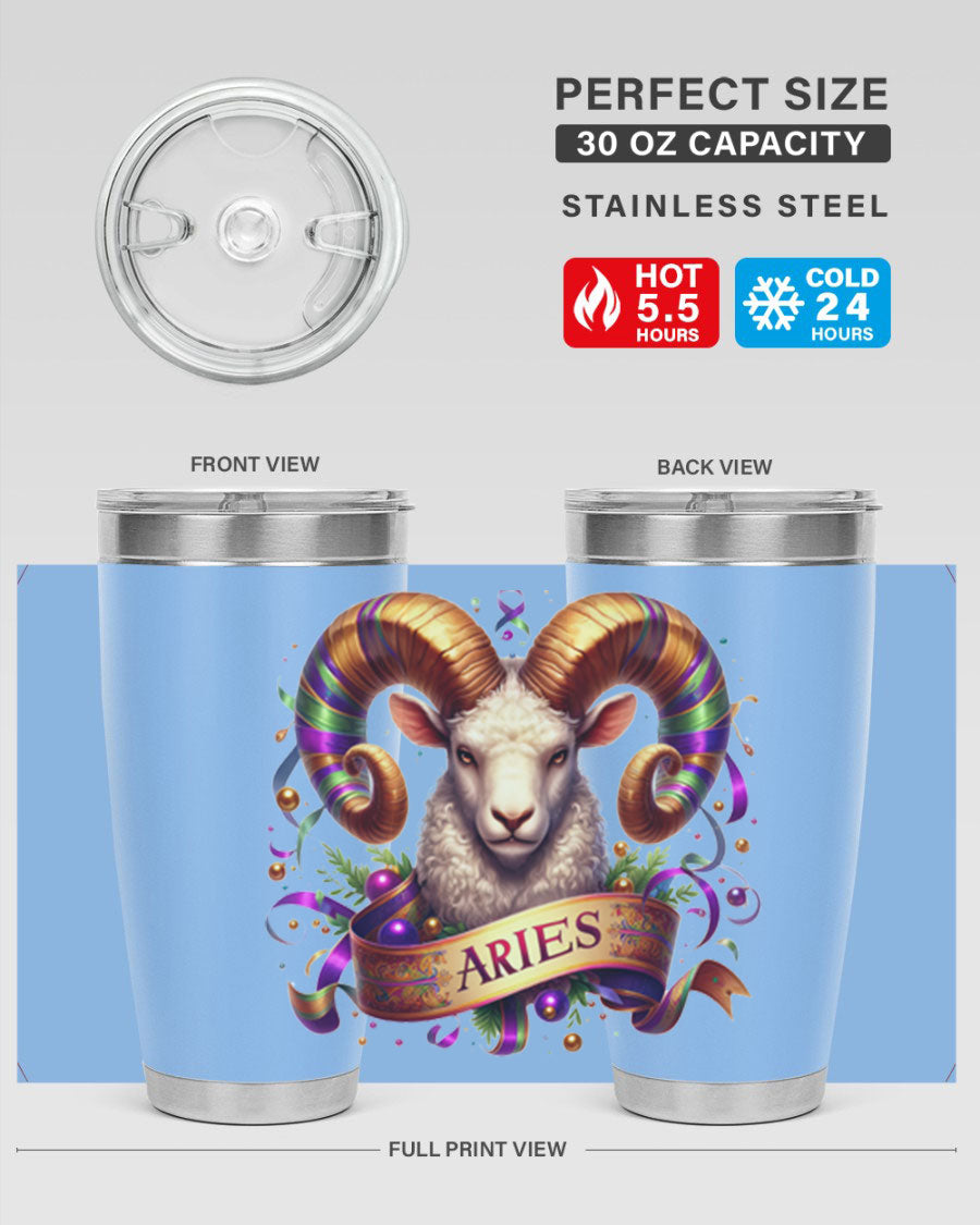 Aries 136# Zodiac Tumbler in stainless steel with a stylish design, perfect for hot and cold beverages.