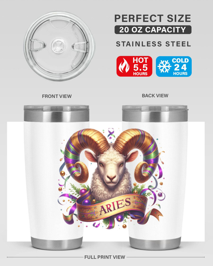 Aries 136# Zodiac Tumbler in stainless steel with a stylish design, perfect for hot and cold beverages.