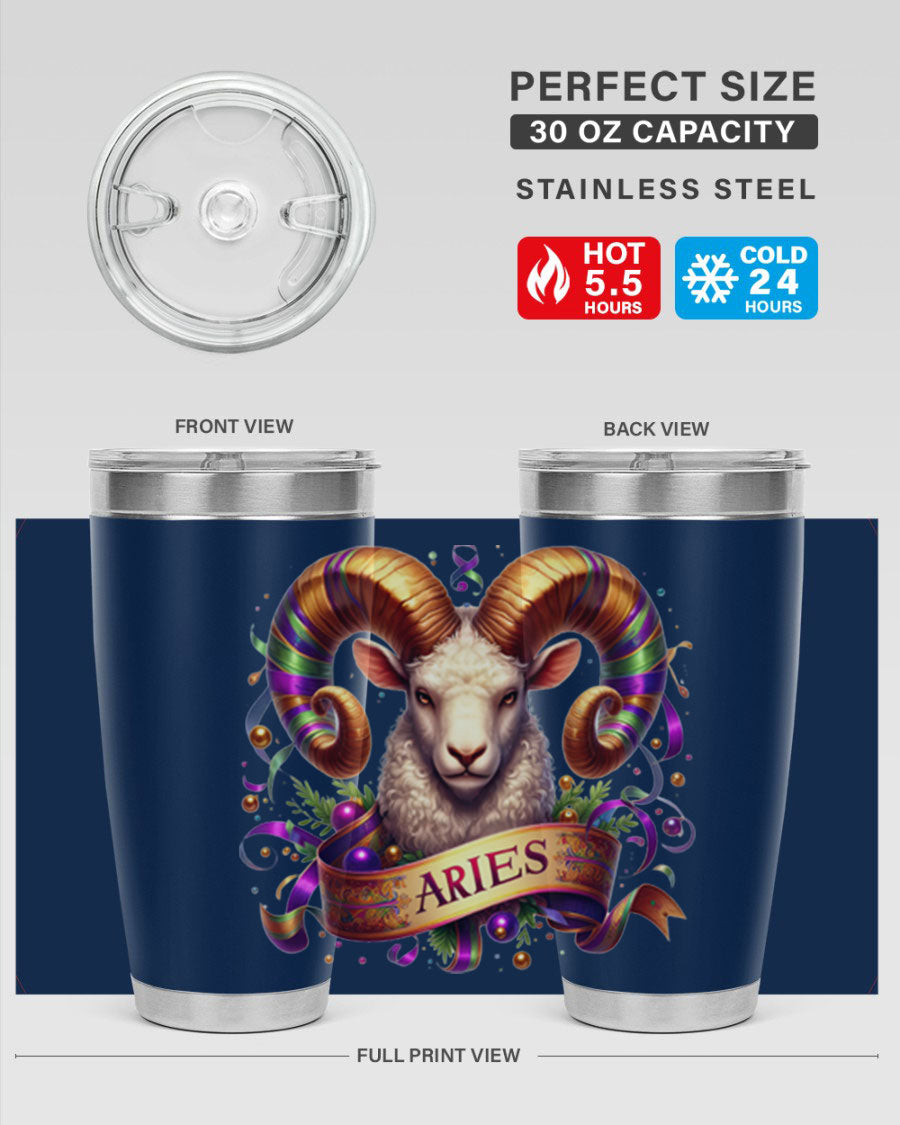 Aries 136# Zodiac Tumbler in stainless steel with a stylish design, perfect for hot and cold beverages.