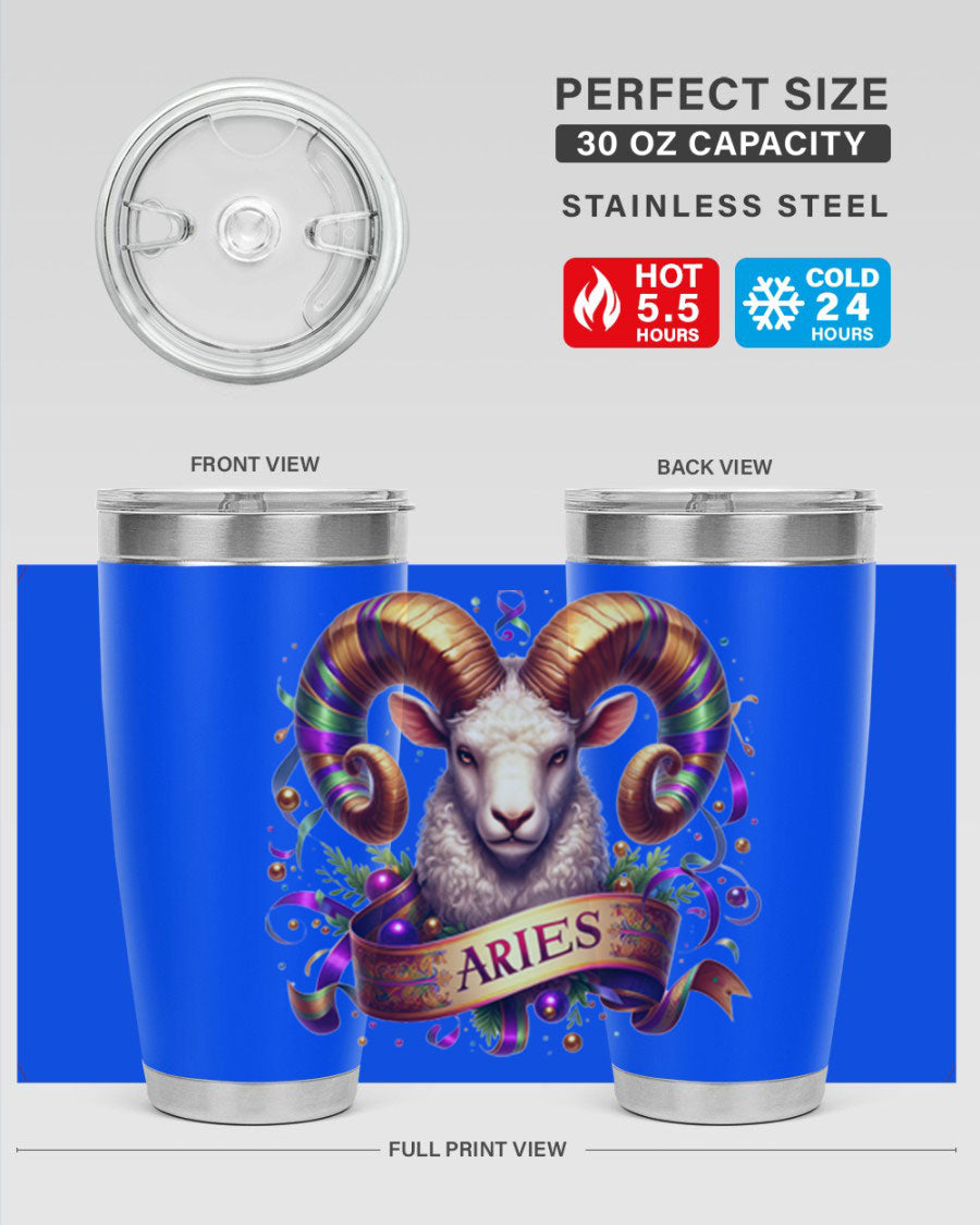 Aries 136# Zodiac Tumbler in stainless steel with a stylish design, perfect for hot and cold beverages.