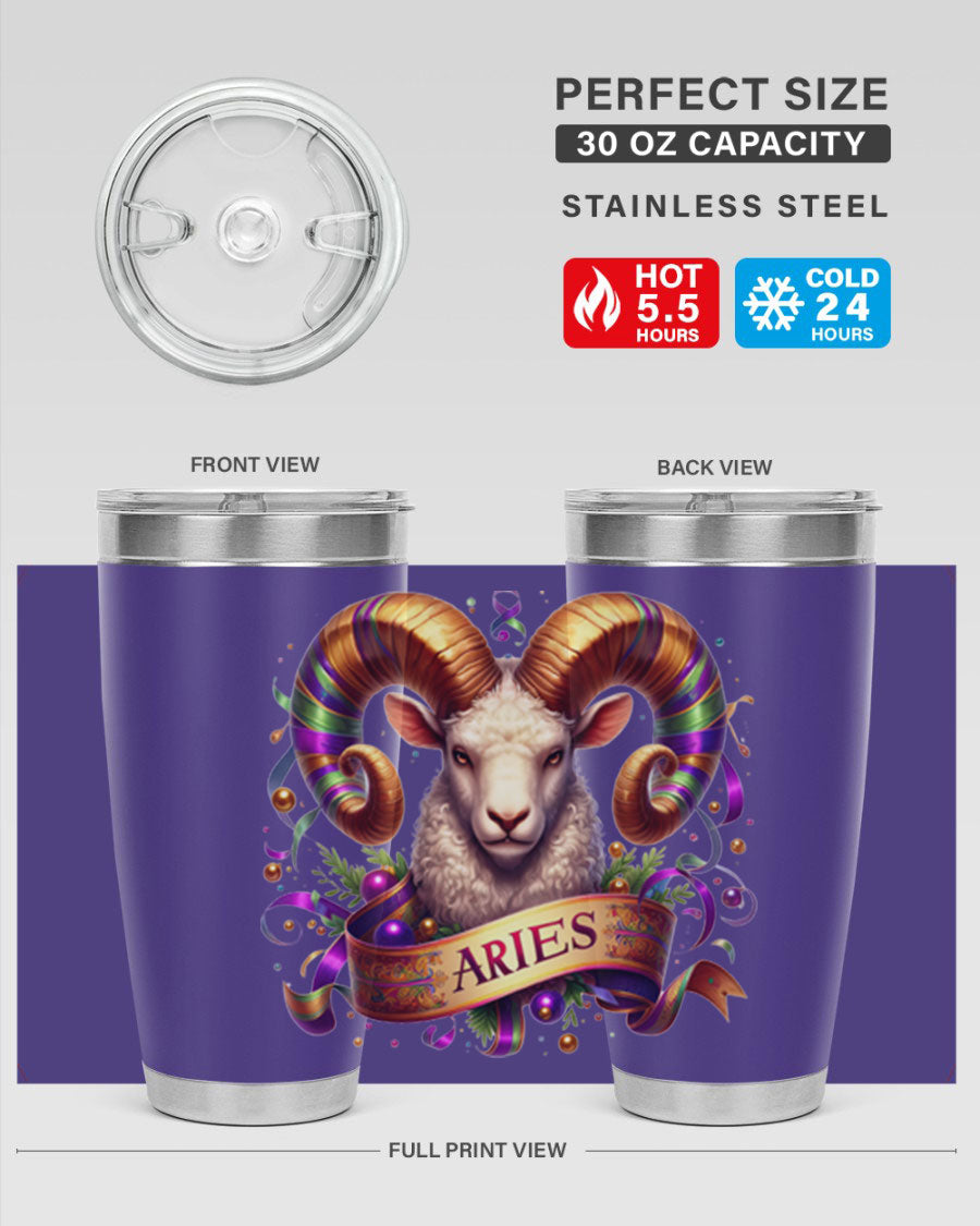 Aries 136# Zodiac Tumbler in stainless steel with a stylish design, perfect for hot and cold beverages.