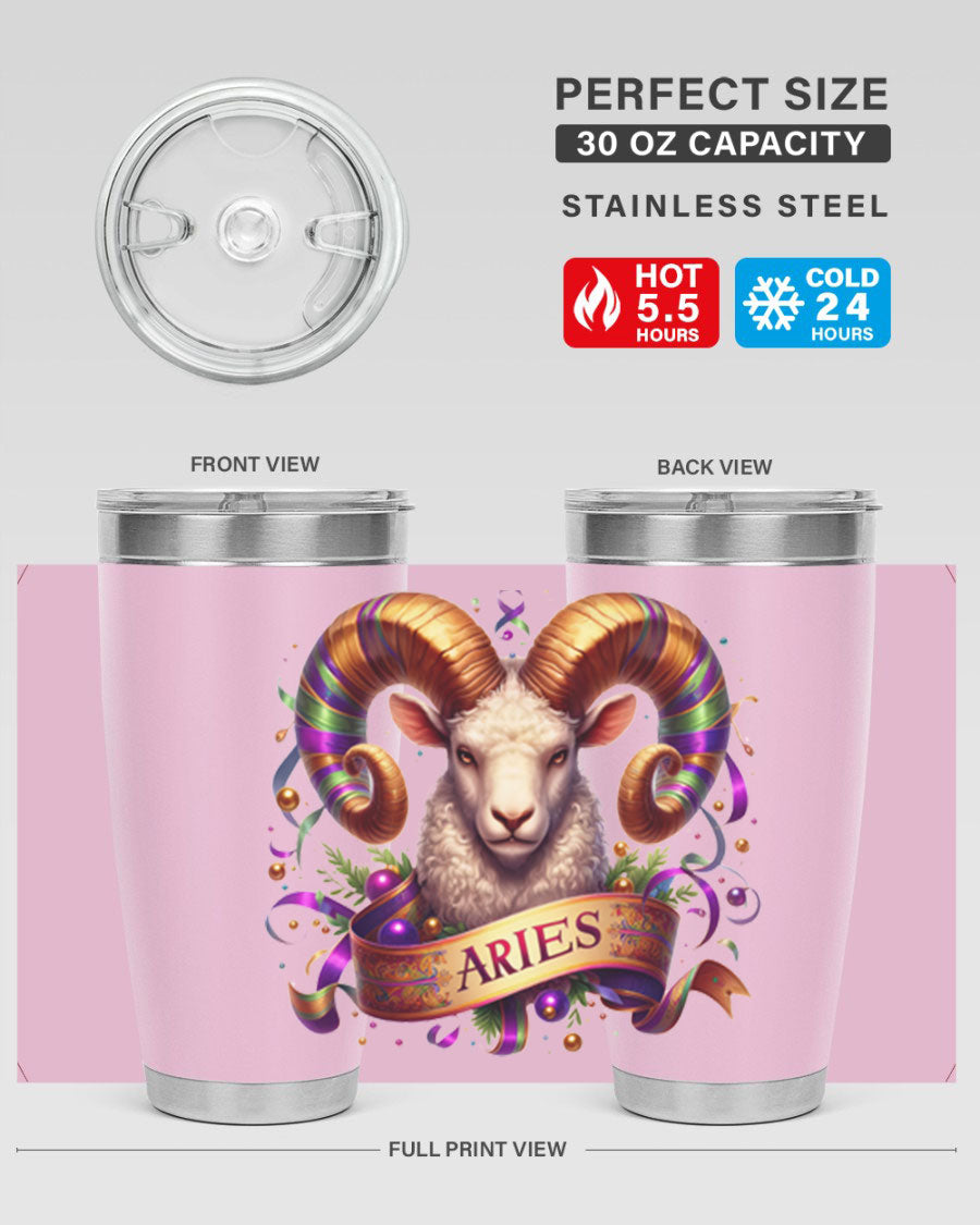 Aries 136# Zodiac Tumbler in stainless steel with a stylish design, perfect for hot and cold beverages.
